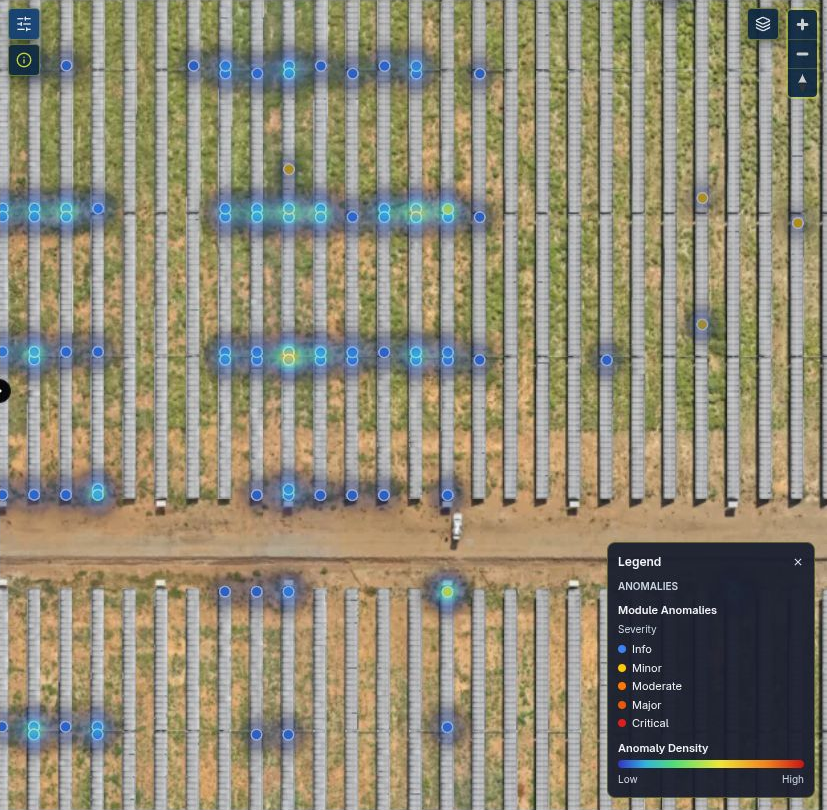 Solarview inspection map showing blue and yellow anomaly markers and a density heatmap across solar panel rows.